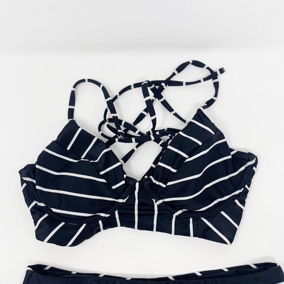 Black White XS Striped Bikini Set Tie Back Triangle Swimsuit Hipster Bottom - Picture 3 of 7